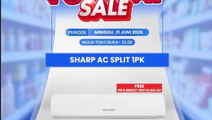 Warkini.com — Transmart kembali menggelar program Full Day Sale pada Minggu, 21 Juni 2026. Mulai dari jam buka toko hingga pukul 22.00 WIB, pelanggan berkesempatan membawa pulang berbagai produk elektronik dengan harga spesial. Salah satu penawaran paling mencuri perhatian adalah AC Split 1 PK SHARP yang mendapat potongan sangat besar, membuatnya menjadi buruan utama di akhir pekan ini.