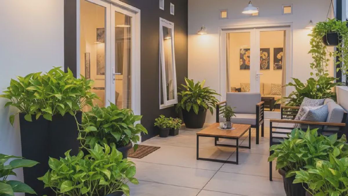 Teras Monokrom: Sentuhan Elegan Sirih Gading dan Pot Hitam untuk Rumah Modern